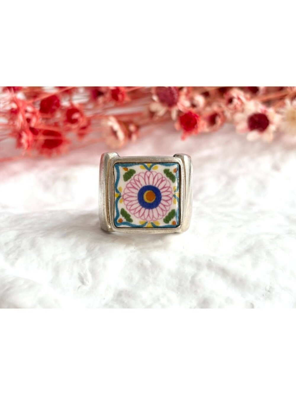 Porcelain Floral Painted Tilework Chunky Sterling Silver 925 Vintage Ring - sz 5 - Picture 13 of 16